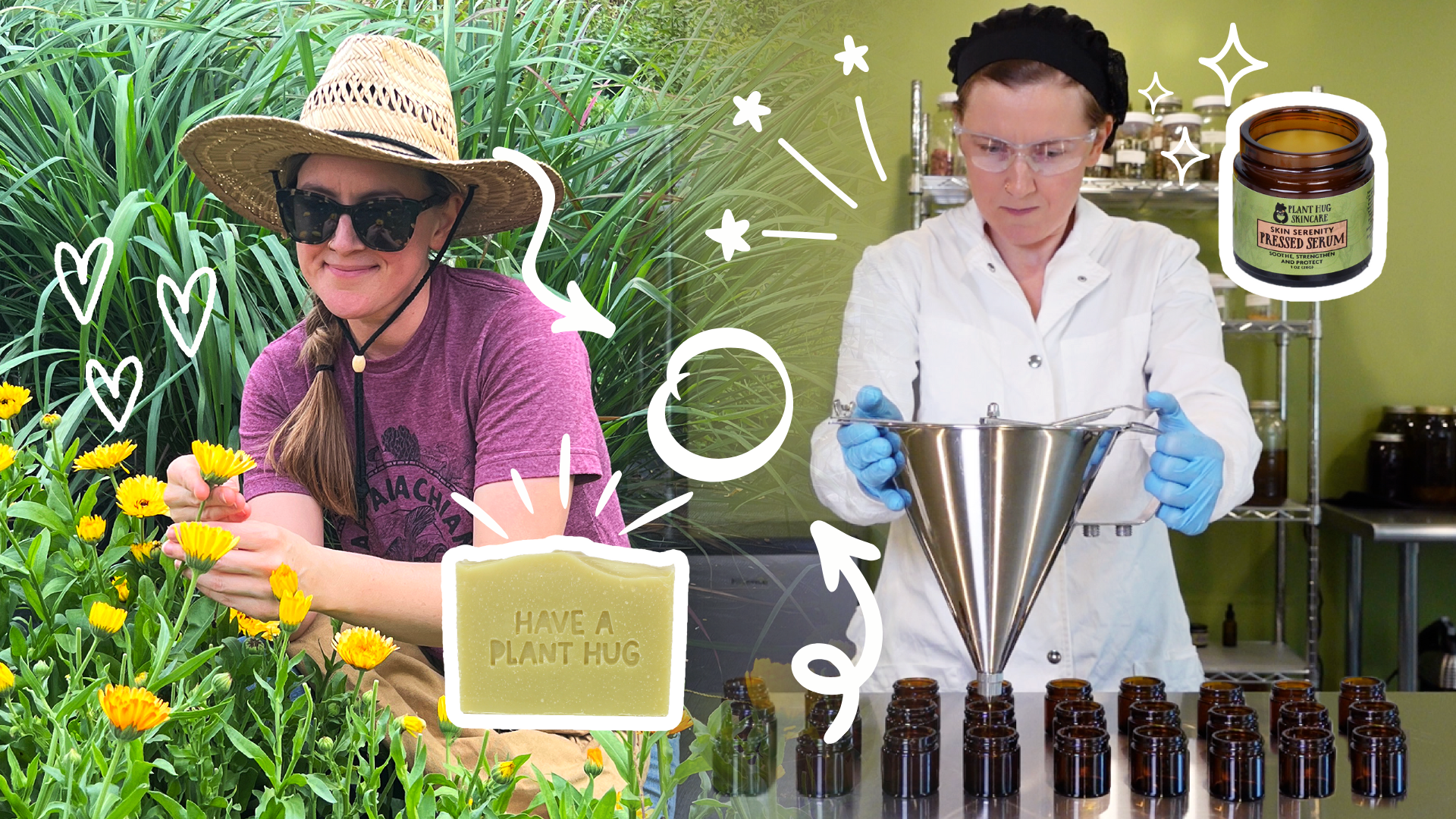 Load video: A video plays showing clips of harvesting our plants, processing them and creating skin and hair care formulations in our lab.